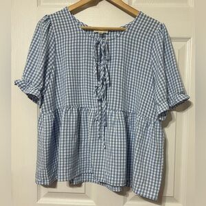 Tamara H. Blue Gingham Blouse Top Smocked Sleeves Tie Front Women’s Size L